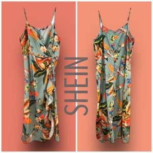 SHEIN Olive green peach and orange tropical floral ankle length slip maxidress L